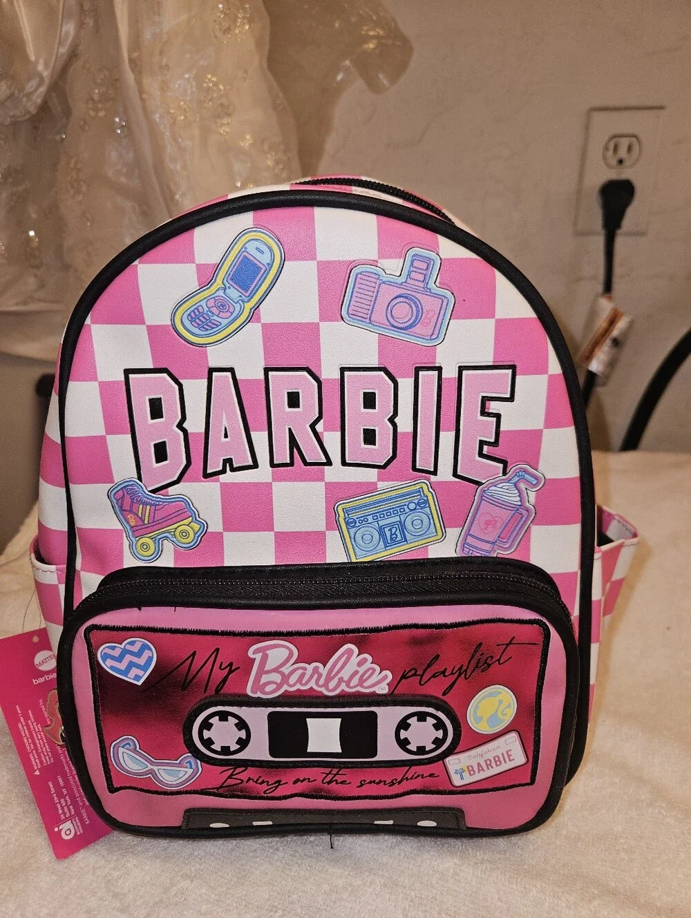 Barbie Pink and White Check Kids Backpack with Cassette Pocket